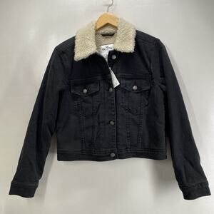 Hollister Black Denim Fleece Lined Cropped Jacket Women’s Medium 38” Chest NEW